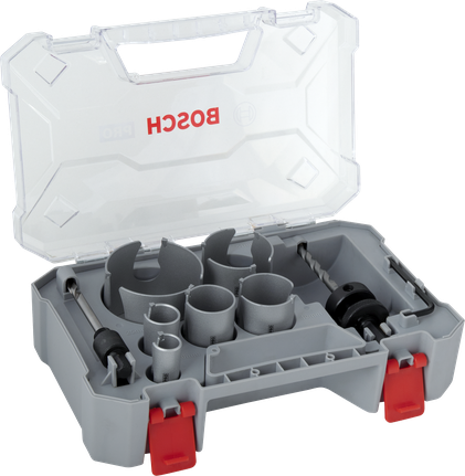 Sada závitových děrových pil Bosch PRO Construction Material v kufříku.